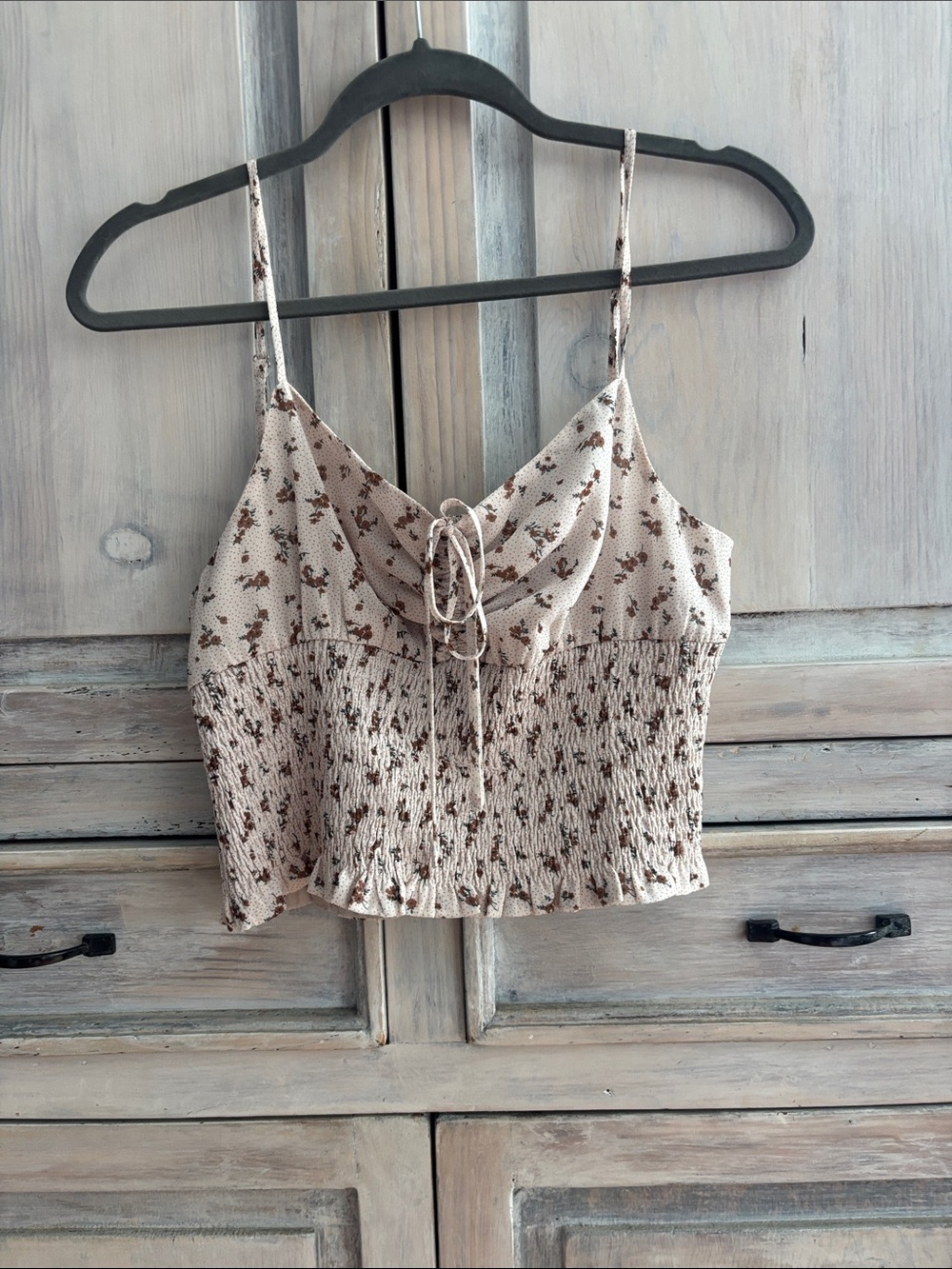 Dress Forum Beige Floral Smocked Cami with Tie Front
